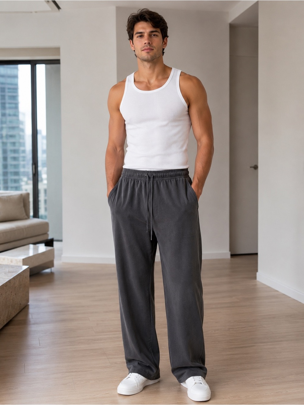 NWT SKIMS Jersey Lounge Straight Leg Pants Ash Gray Mens Small Cotton Stretch